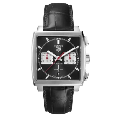 TAG Heuer Monaco Caliber HEUER 02 watch black dial black leather strap 39 mm