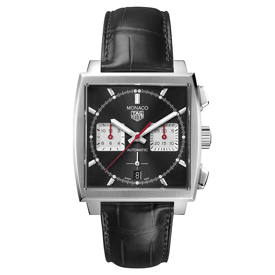 TAG Heuer Monaco Caliber HEUER 02 watch black dial black leather strap 39 mm