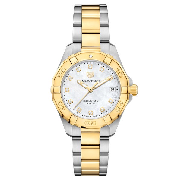 TAG Heuer Aquaracer quartz watch mother-of-pearl dial index diamonds bracelet bicolor 32 mm