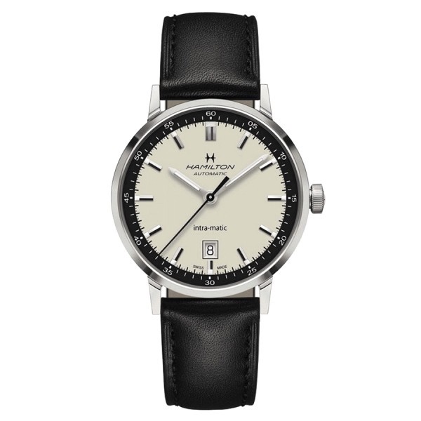 Watch Hamilton Intra-Matic automatic beige dial black leather strap 40 mm