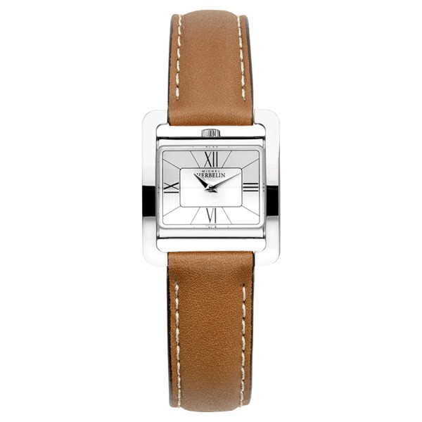 Michel Herbelin 5ème Avenue quartz watch silver dial roman numerals brown leather strap