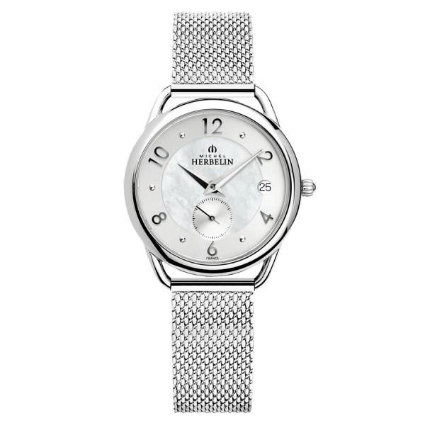 Michel Herbelin Equinoxe quartz watch pearly dial steel bracelet milanese mesh 34 mm