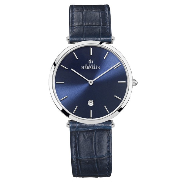 Michel Herbelin Epsilon quartz watch blue dial blue leather strap 38 mm