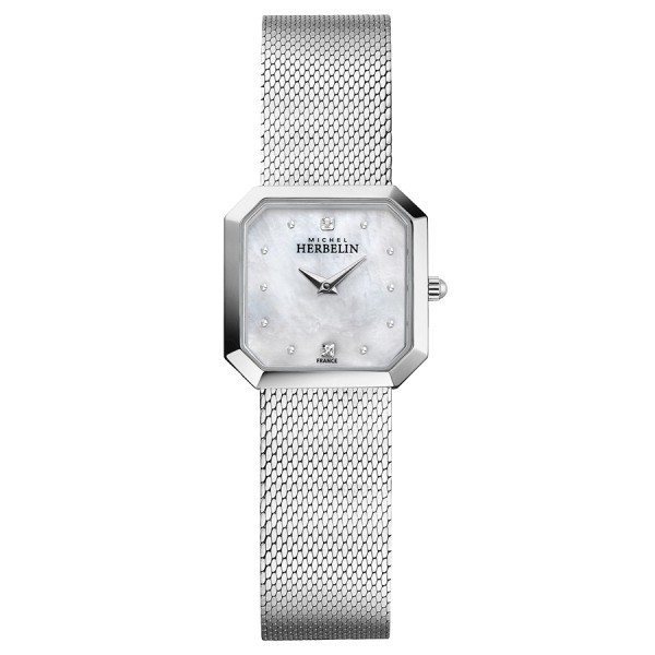 Michel Herbelin Octogone quartz watch pearly dial stainless steel bracelet Milanese mesh 24,5 mm