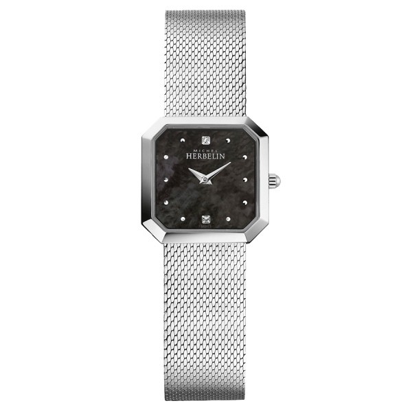 Michel Herbelin Octogone quartz watch black mother-of-pearl dial steel bracelet Milanese mesh 24,5 mm