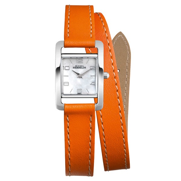 Michel Herbelin 5ème Avenue quartz watch pearly dial orange leather bracelet double turn