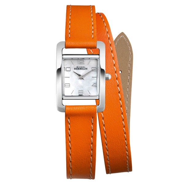 Montre Michel Herbelin 5ème Avenue quartz nacré bracelet cuir orange