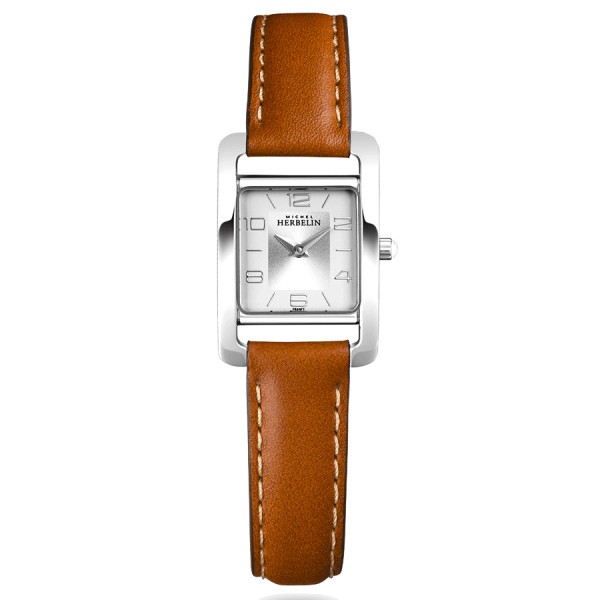 Michel Herbelin 5ème Avenue quartz watch silver dial brown leather strap