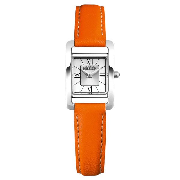 Montre Michel Herbelin 5ème Avenue quartz cadran argenté bracelet cuir orange