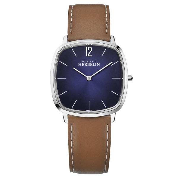 Michel Herbelin City quartz watch purple dial brown leather strap 36 mm