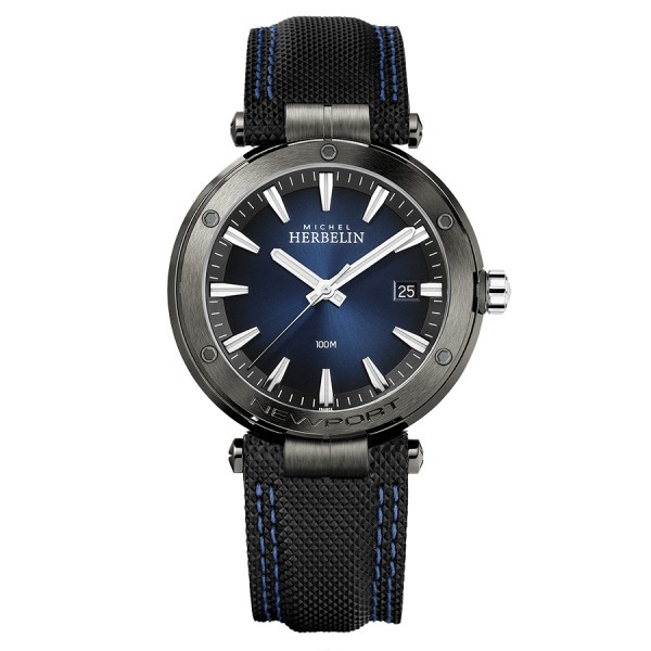 Michel Herbelin Newport quartz watch blue dial black leather strap 40,5 mm