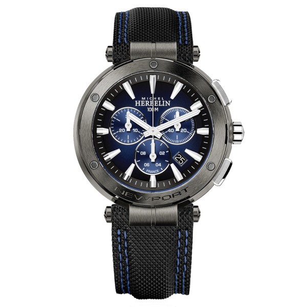 Michel Herbelin Newport Chronograph quartz watch blue dial black leather bracelet 43 mm