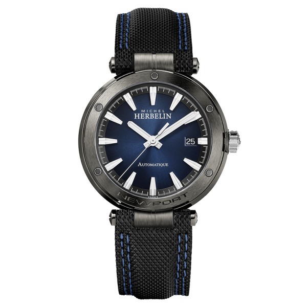 Michel Herbelin Newport automatic watch blue dial black leather strap 41 mm