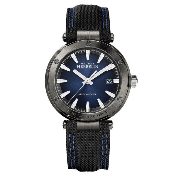 Montre Michel Herbelin Newport automatique cadran bleu bracelet cuir noir 41 mm 1668/G45