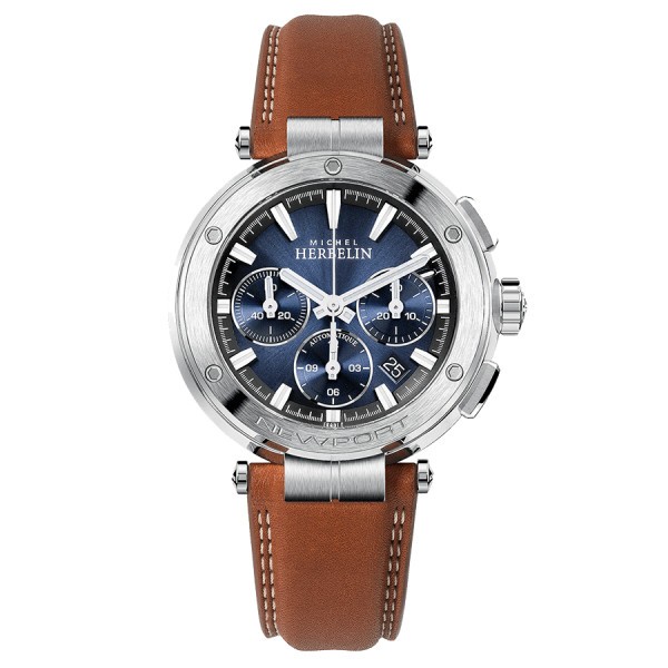 Montre Michel Herbelin Newport automatique chronographe acier cadran bleu bracelet cuir brun 43,5 mm