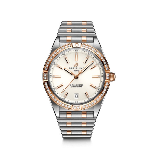 Montre Breitling Chronomat Lady Automatic or rose et acier cadran blanc lunette et index diamants 36 mm