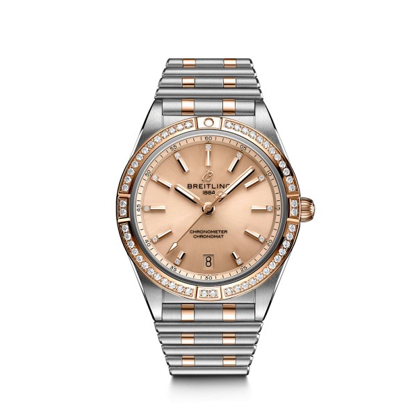 Breitling Chronomat Lady Automatic watch in pink gold and steel copper dial bezel and diamond indexes 36 mm