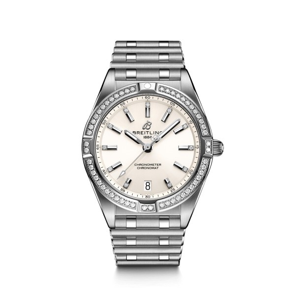 Montre Breitling Chronomat Lady Superquartz cadran blanc lunette et index diamants 32 mm