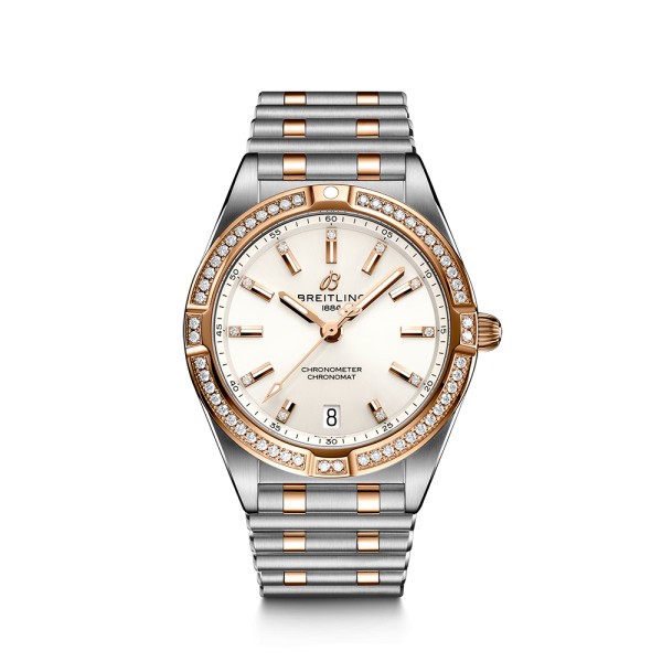 Montre Breitling Chronomat Lady Superquartz or rose et acier cadran blanc lunette et index diamants 32 mm