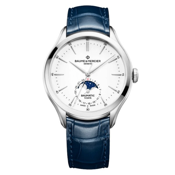 Baume et Mercier Clifton Baumatic automatic watch white dial leather strap 42 mm