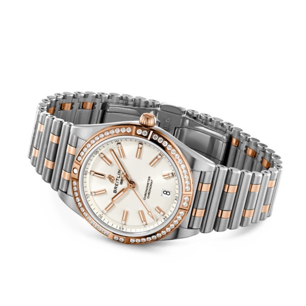 Breitling Chronomat Lady Automatic watch in pink gold and steel white dial diamond bezel and indexes 36 mm
