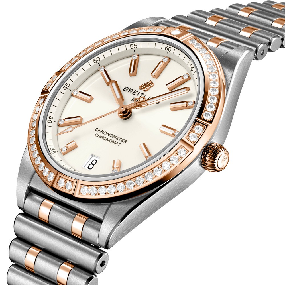 Breitling Chronomat Lady Automatic watch in pink gold and steel white dial diamond bezel and indexes 36 mm