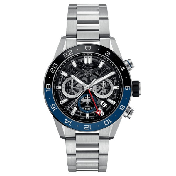 Montre TAG Heuer Carrera Calibre Heuer 02 GMT lunette céramique noire et bleue bracelet acier 45 mm CBG2A1Z.BA0658