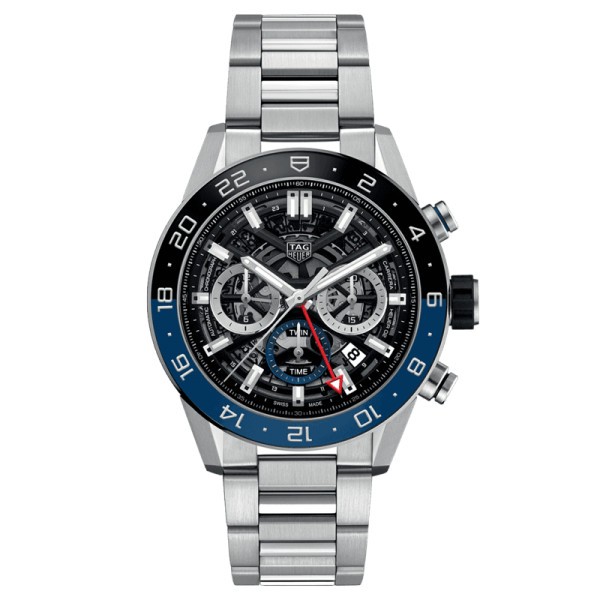 TAG Heuer Carrera Calibre Heuer 02 GMT watch black and blue ceramic bezel steel bracelet 45 mm