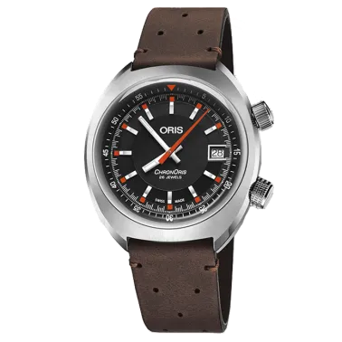 Montre Oris Sport Automobile Chronoris Date cadran noir bracelet cuir marron 39 mm