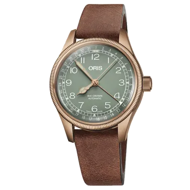 Montre Oris Aviation Big Crown Bronze Pointer Date cadran vert bracelet cuir marron 36 mm