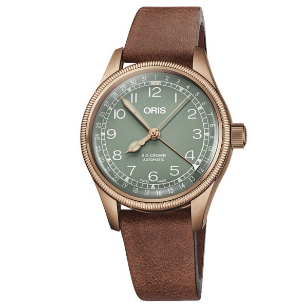 Montre Oris Aviation Big Crown Bronze Pointer Date cadran vert bracelet cuir marron 36 mm