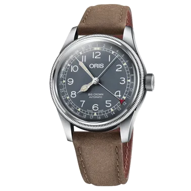 Montre Oris Aviation Big Crown Pointer Date cadran bleu bracelet cuir brun 40 mm