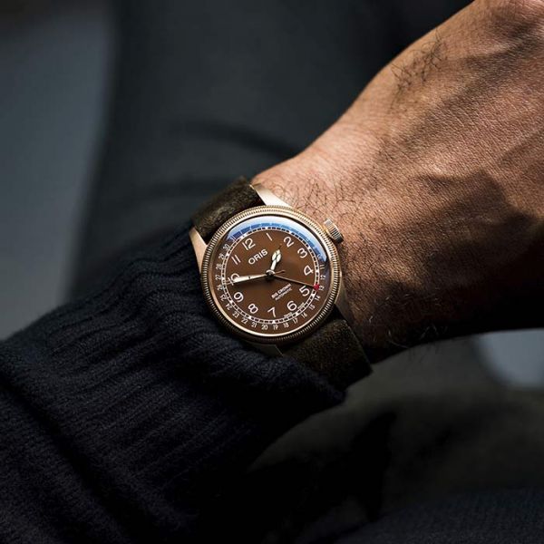 Oris Aviation Big Crown Bronze Date watch brown dial leather strap 40mm
