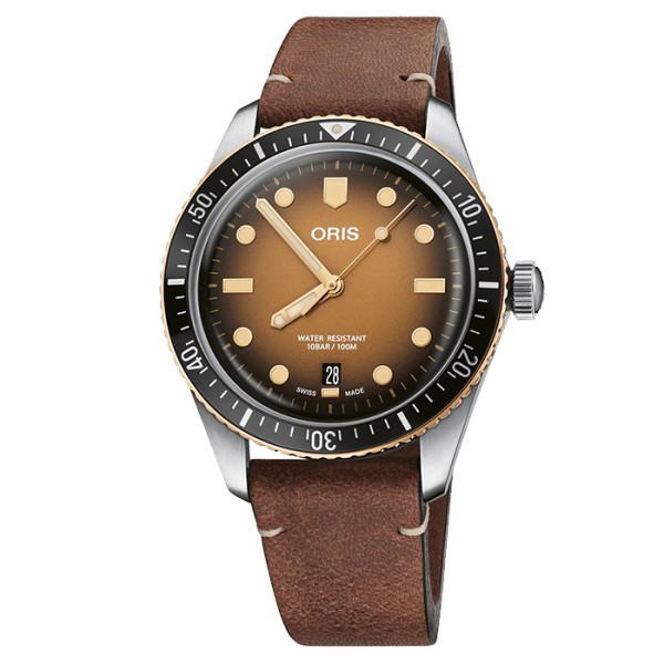 Oris Plongée Divers Sixty-Five automatic watch brown dial brown leather strap 40 mm