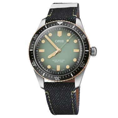Oris x Momotaro automatic watch green dial denim bracelet 40 mm