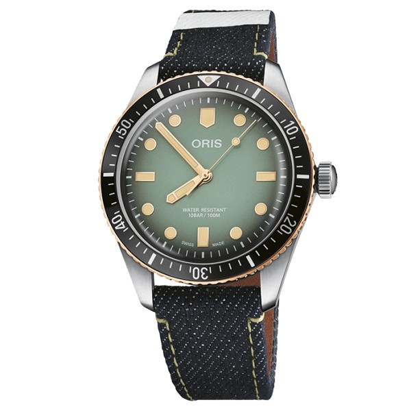 Oris x Momotaro automatic watch green dial denim bracelet 40 mm