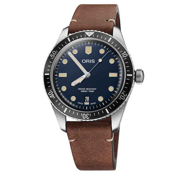 Montre Oris Plongée Divers Sixty-Five automatique cadran bleu bracelet cuir marron 40 mm