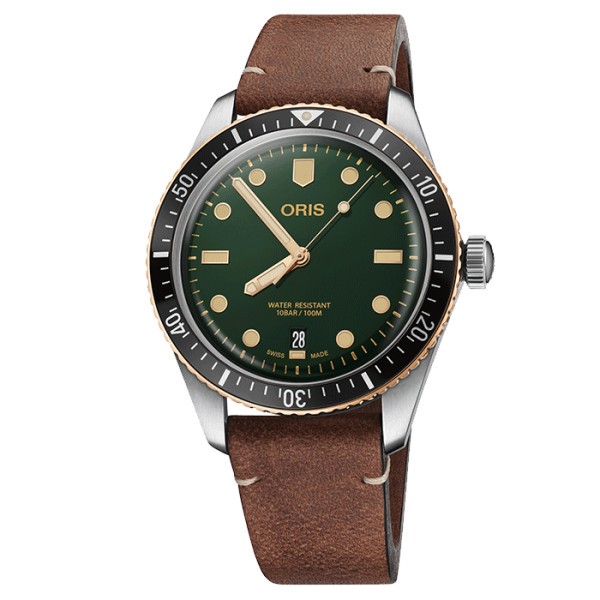 Oris Plongée Divers Sixty-Five automatic watch green dial brown leather bracelet 40 mm