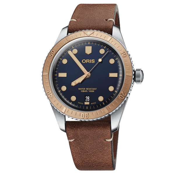 Oris Plongée Divers Sixty-Five automatic watch blue dial brown leather bracelet 40 mm