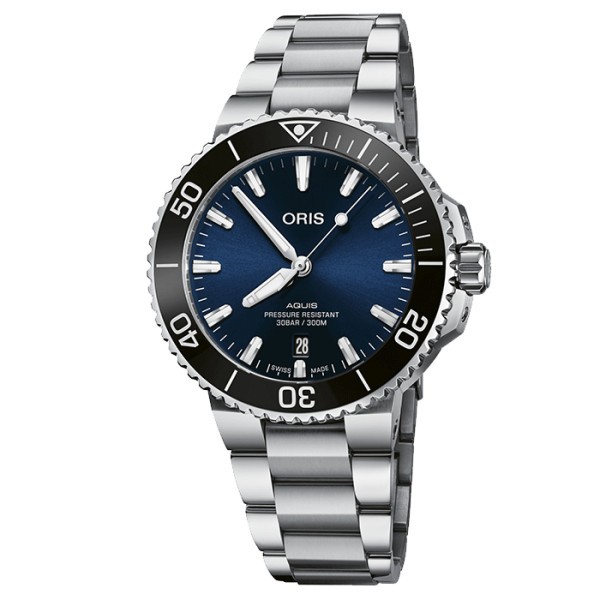 Oris Plongée Aquis Date automatic watch blue dial steel bracelet 41,5 mm