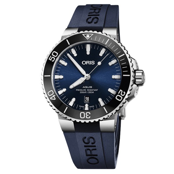Oris Plongée Aquis Date automatic watch blue dial blue rubber bracelet 43,5 mm