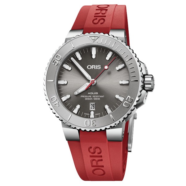 Montre Oris Plongée Aquis Date Relief automatique cadran gris bracelet caoutchouc rouge 43,5 mm