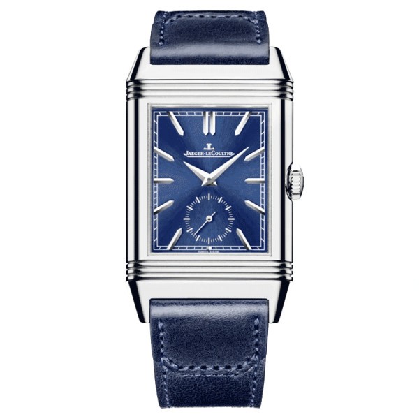 Jaeger LeCoultre Reverso Tribute Duoface automatic watch blue dial blue leather strap