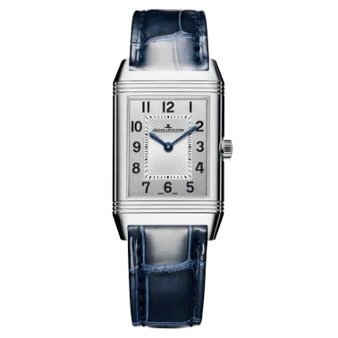 Montre Jaeger LeCoultre Reverso Classic Medium Duetto automatique cadran argent bracelet cuir bleu