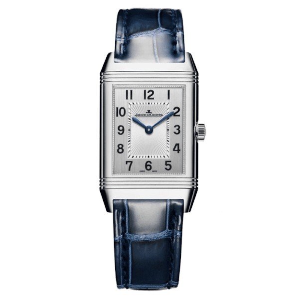 Montre Jaeger LeCoultre Reverso Classic Medium Duetto automatique cadran argent bracelet cuir bleu