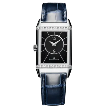 Montre Jaeger LeCoultre Reverso Classic Medium Duetto automatique cadran argent bracelet cuir bleu