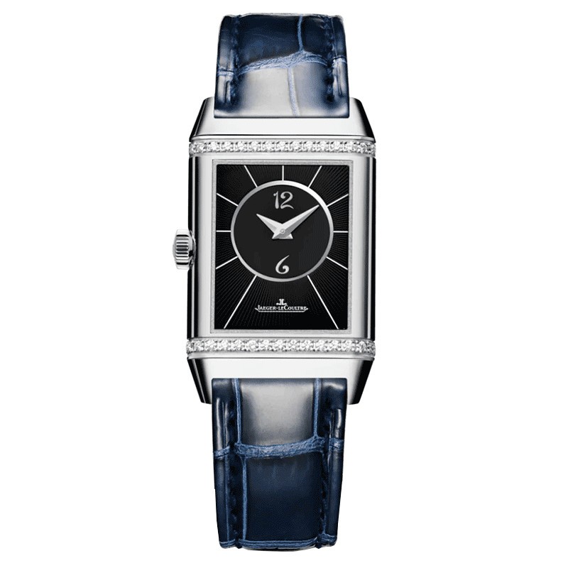 Jaeger LeCoultre Reverso Classic Medium Duetto automatic watch silver dial blue leather strap