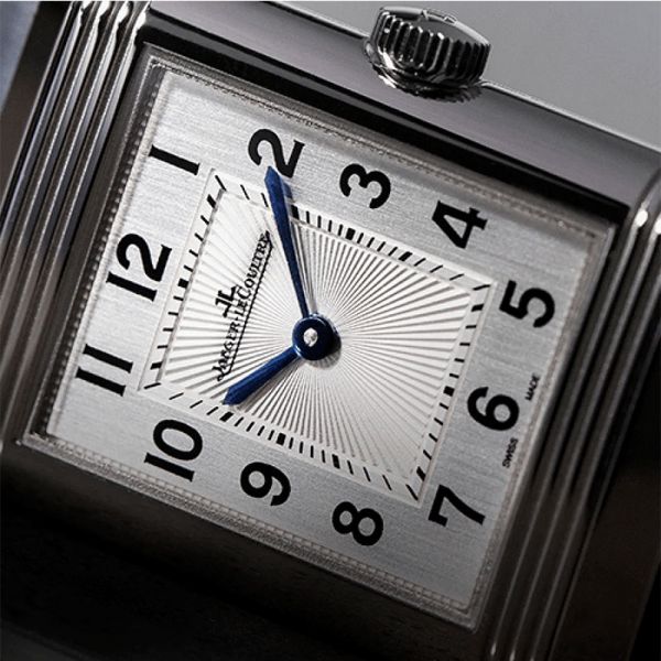 Jaeger LeCoultre Reverso Classic Medium Duetto automatic watch silver dial blue leather strap