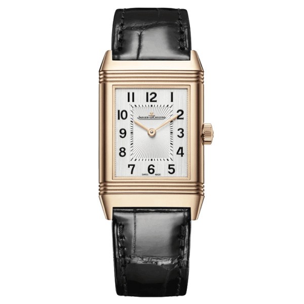 Jaeger LeCoultre Reverso Classic Medium Thin pink gold automatic watch silver dial black leather strap