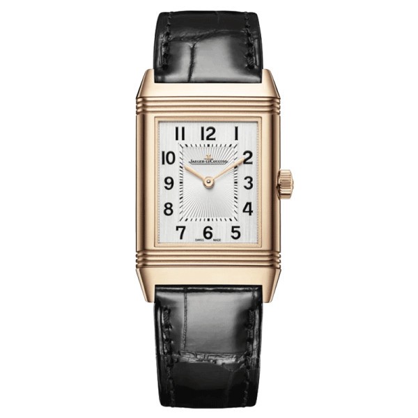 Montre Jaeger LeCoultre Reverso Classic Medium Thin Or rose automatique cadran argent bracelet cuir noir